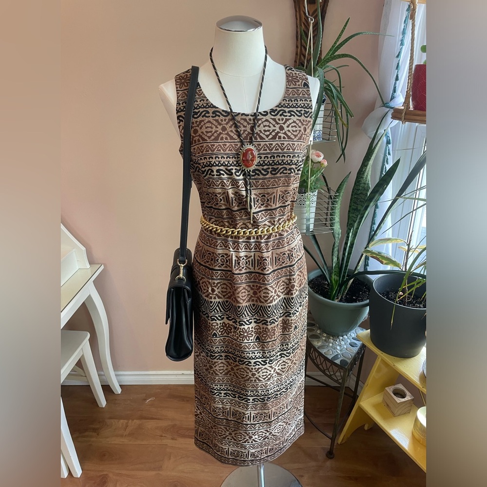 Vintage 90s Earthy Boho Chic Aztec Print Midi Sheath Dress, Size Small - Picture 13 of 13